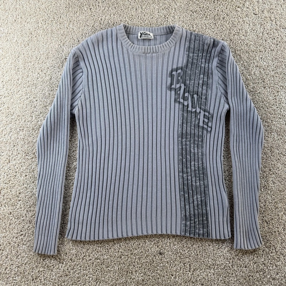 Y2K Y.O.U. Sweater Mens Medium Gray Tight Knit Ribbed Pullover Streetwear